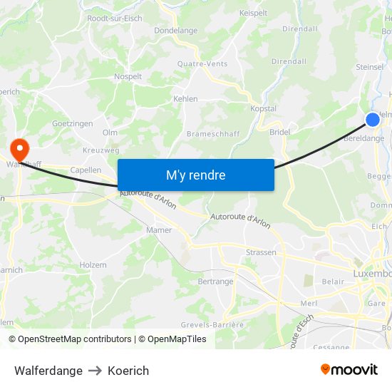 Walferdange to Koerich map