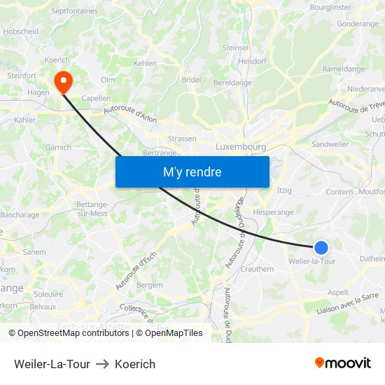 Weiler-La-Tour to Koerich map