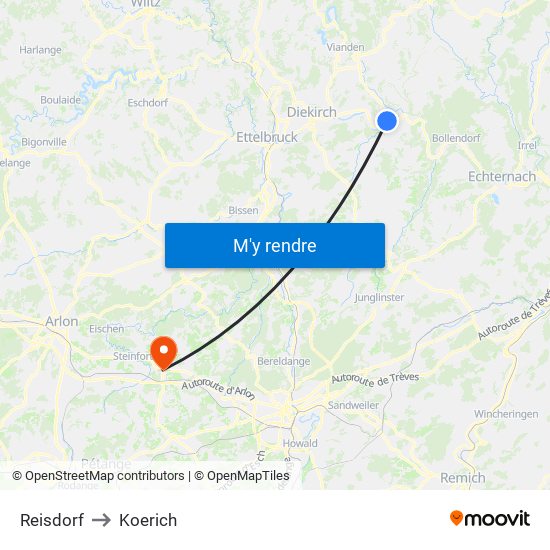 Reisdorf to Koerich map
