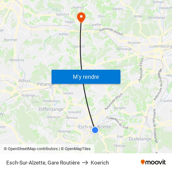 Esch-Sur-Alzette, Gare Routière to Koerich map