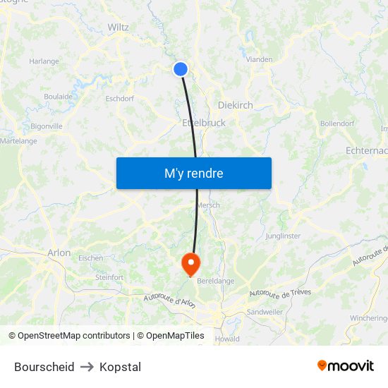 Bourscheid to Kopstal map