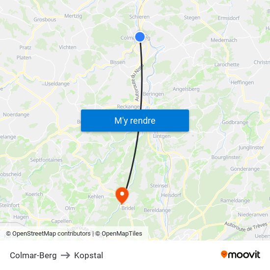 Colmar-Berg to Kopstal map