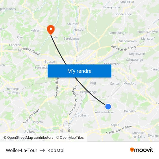 Weiler-La-Tour to Kopstal map