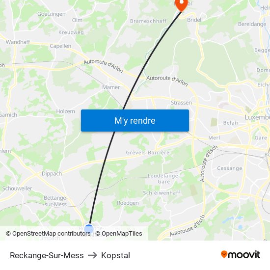 Reckange-Sur-Mess to Kopstal map