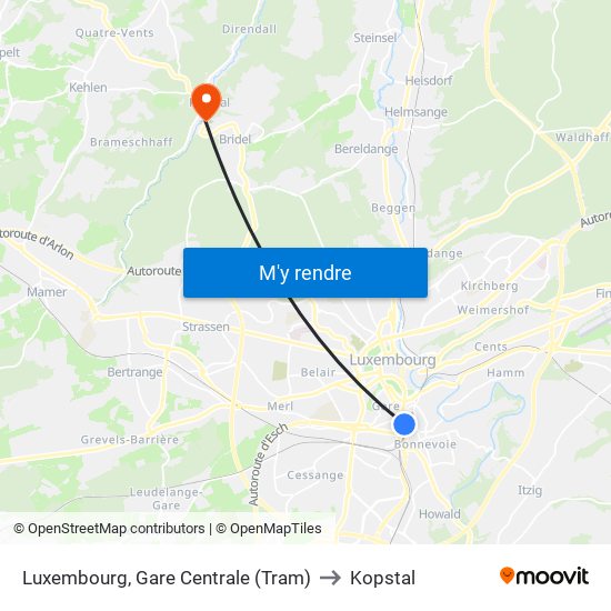 Luxembourg, Gare Centrale (Tram) to Kopstal map