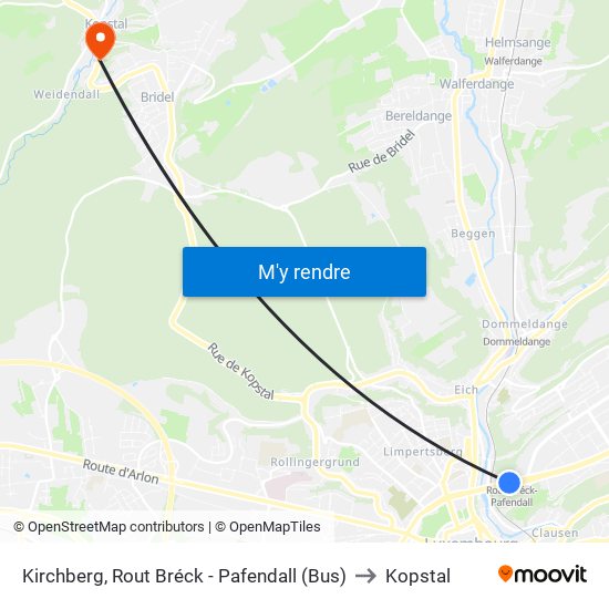 Kirchberg, Rout Bréck - Pafendall (Bus) to Kopstal map