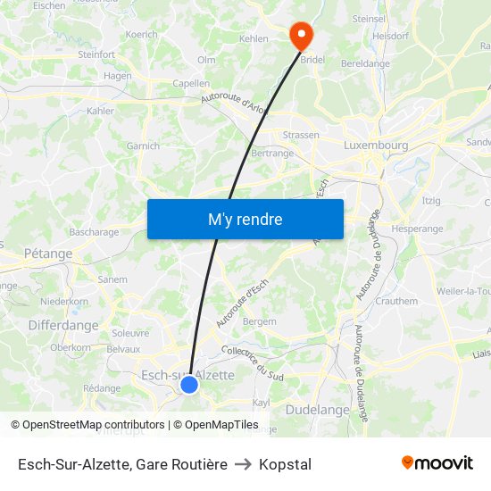 Esch-Sur-Alzette, Gare Routière to Kopstal map