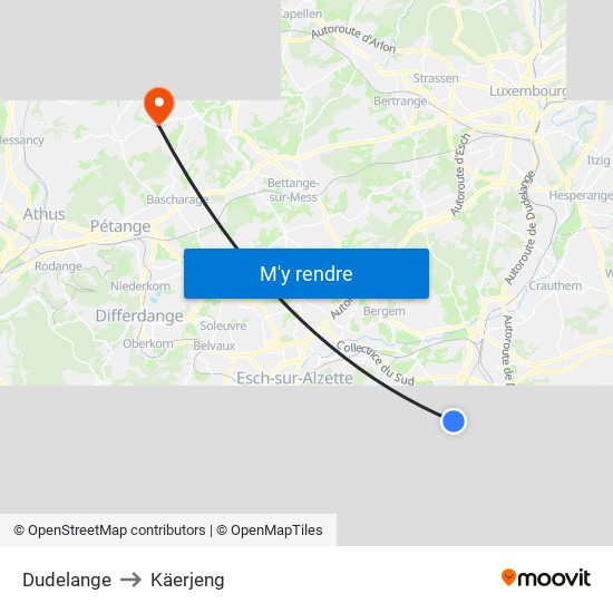 Dudelange to Käerjeng map