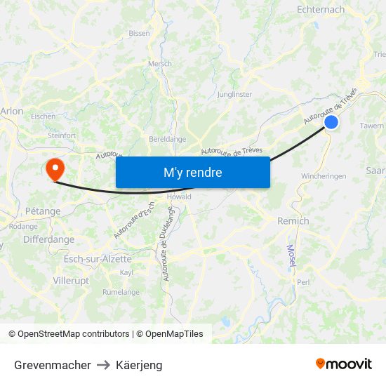 Grevenmacher to Käerjeng map