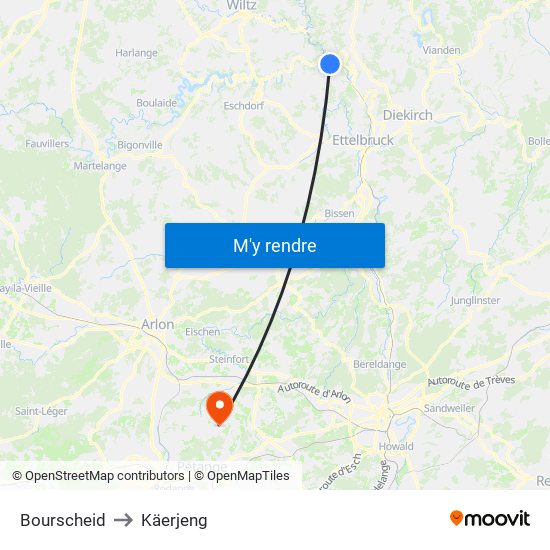 Bourscheid to Käerjeng map