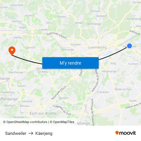 Sandweiler to Käerjeng map
