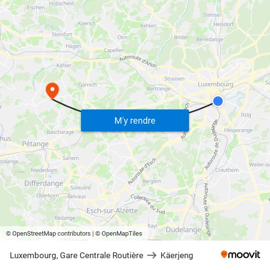 Luxembourg, Gare Centrale Routière to Käerjeng map