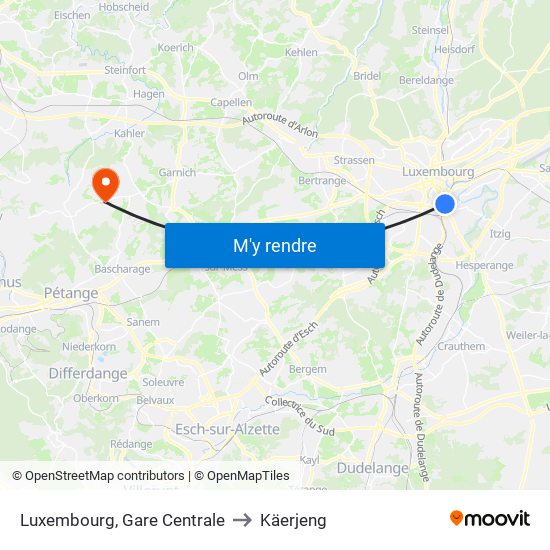 Luxembourg, Gare Centrale to Käerjeng map