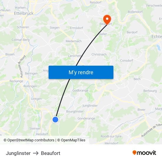 Junglinster to Beaufort map