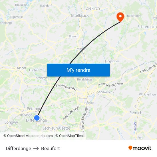 Differdange to Beaufort map