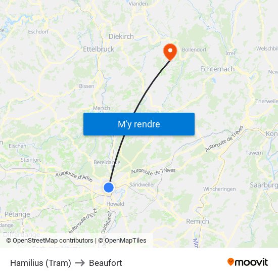 Hamilius (Tram) to Beaufort map