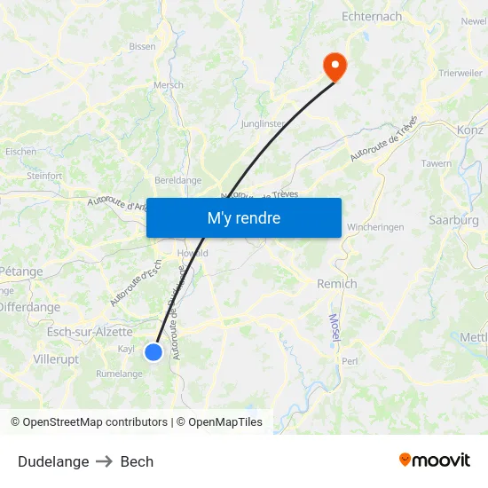 Dudelange to Bech map