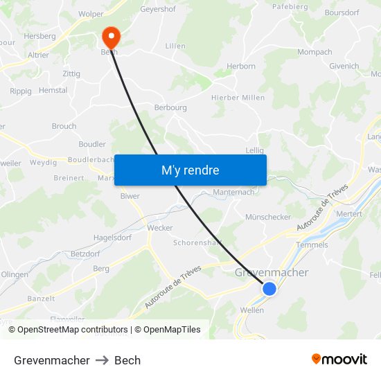 Grevenmacher to Bech map