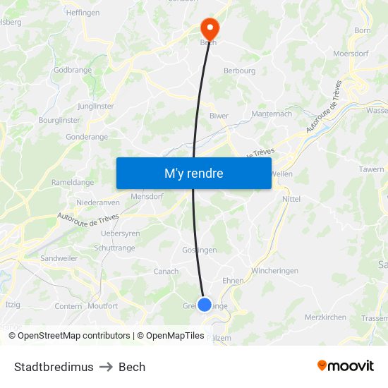 Stadtbredimus to Bech map