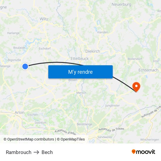 Rambrouch to Bech map