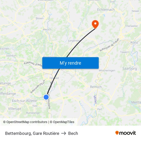 Bettembourg, Gare Routière to Bech map