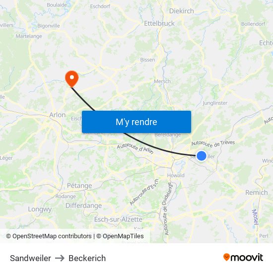 Sandweiler to Beckerich map