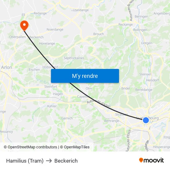 Hamilius (Tram) to Beckerich map