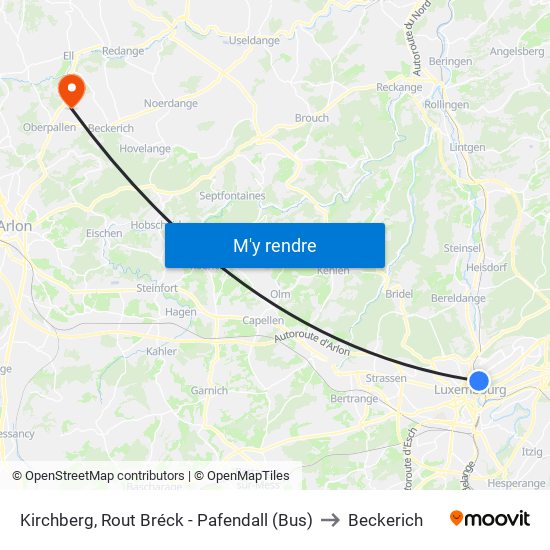 Kirchberg, Rout Bréck - Pafendall (Bus) to Beckerich map