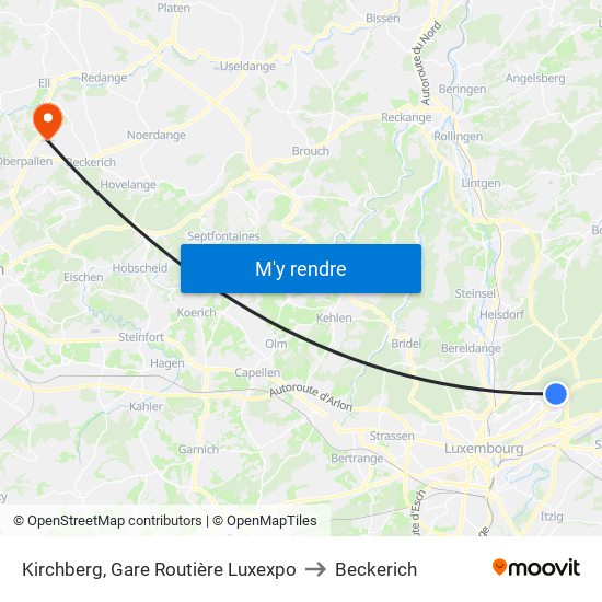 Kirchberg, Gare Routière Luxexpo to Beckerich map