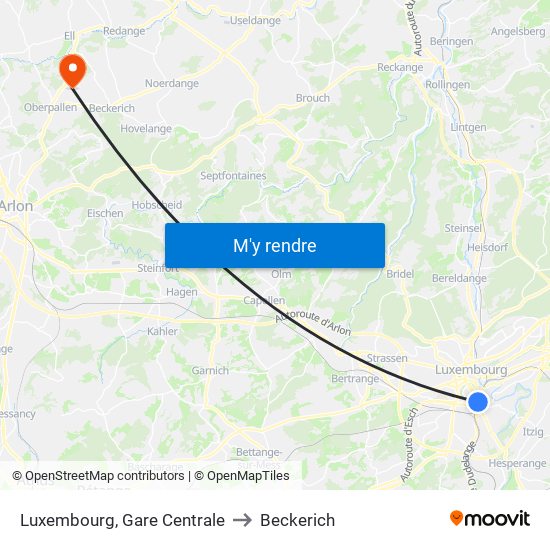 Luxembourg, Gare Centrale to Beckerich map