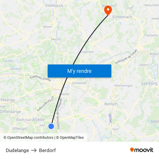 Dudelange to Berdorf map