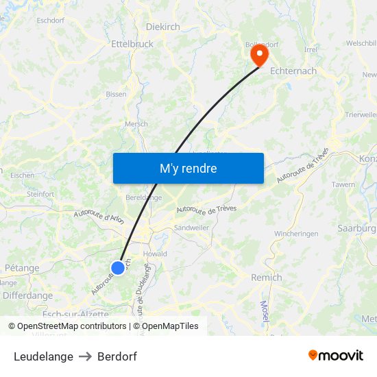 Leudelange to Berdorf map