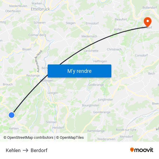 Kehlen to Berdorf map