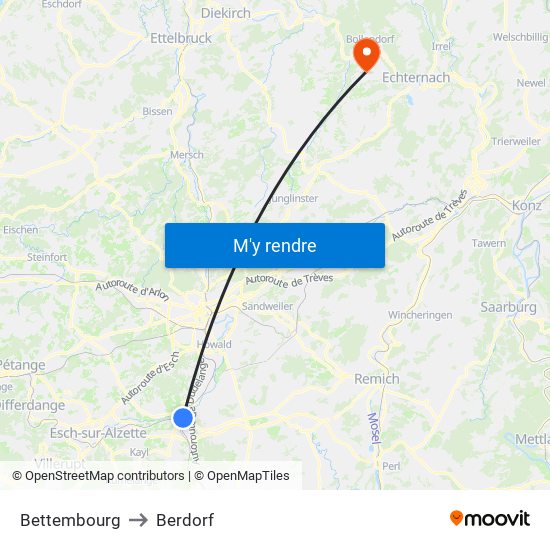 Bettembourg to Berdorf map