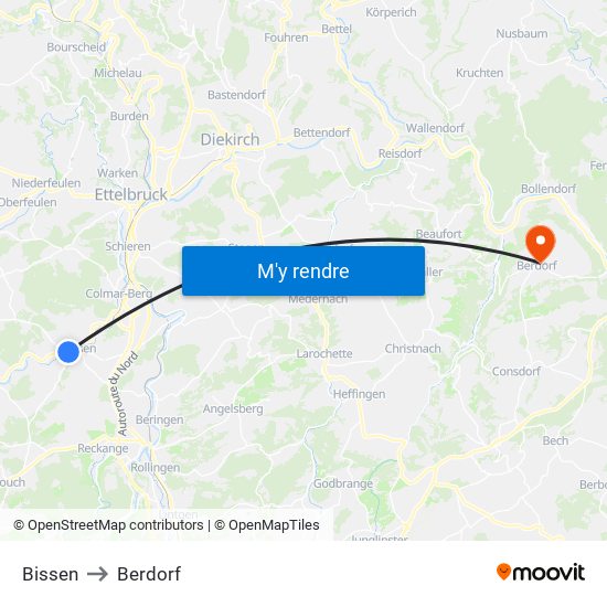 Bissen to Berdorf map