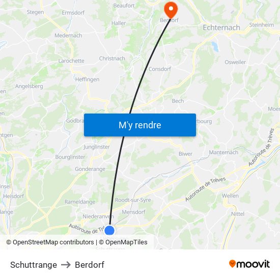 Schuttrange to Berdorf map