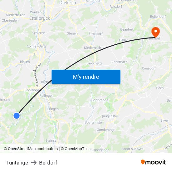 Tuntange to Berdorf map