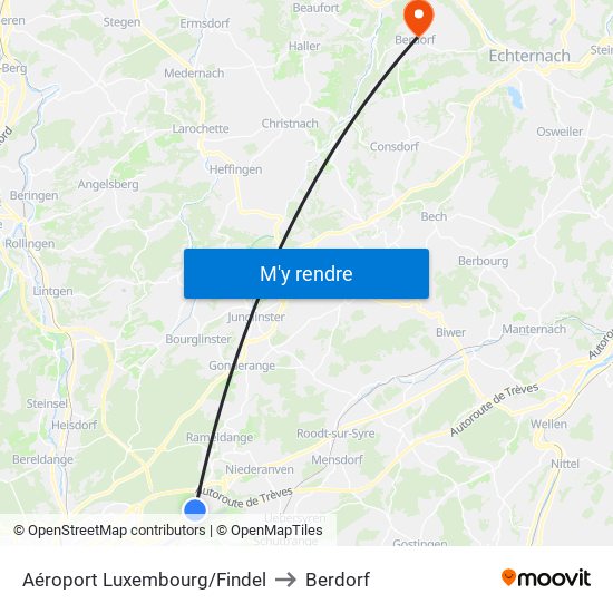 Aéroport Luxembourg/Findel to Berdorf map