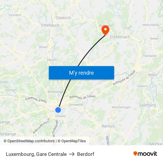 Luxembourg, Gare Centrale to Berdorf map
