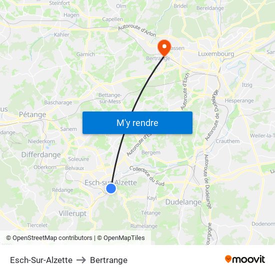 Esch-Sur-Alzette to Bertrange map