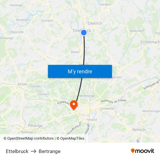 Ettelbruck to Bertrange map