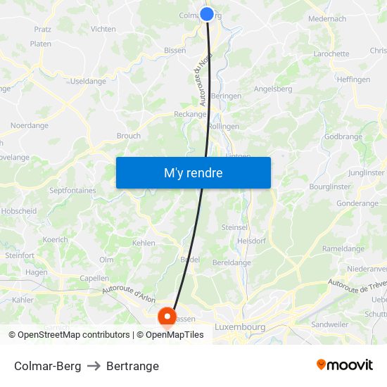 Colmar-Berg to Bertrange map