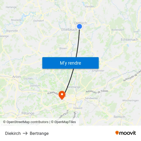 Diekirch to Bertrange map