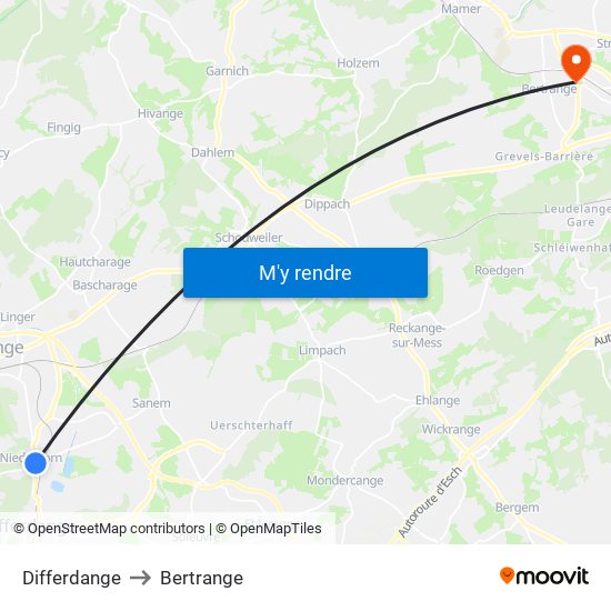 Differdange to Bertrange map