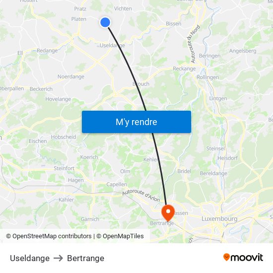 Useldange to Bertrange map