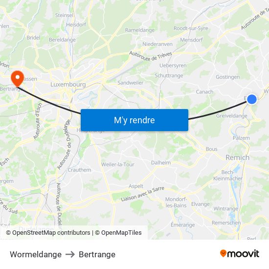 Wormeldange to Bertrange map