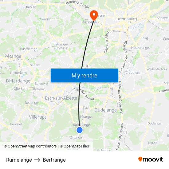Rumelange to Bertrange map