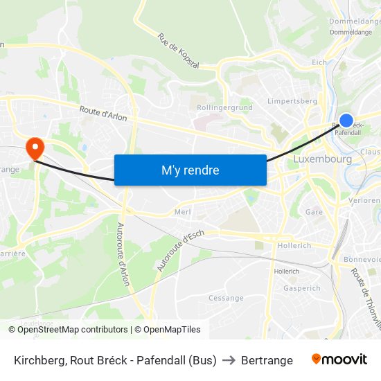 Kirchberg, Rout Bréck - Pafendall (Bus) to Bertrange map