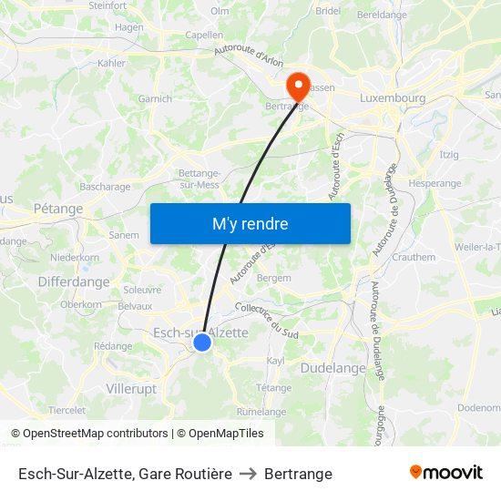 Esch-Sur-Alzette, Gare Routière to Bertrange map