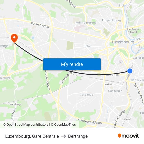 Luxembourg, Gare Centrale to Bertrange map